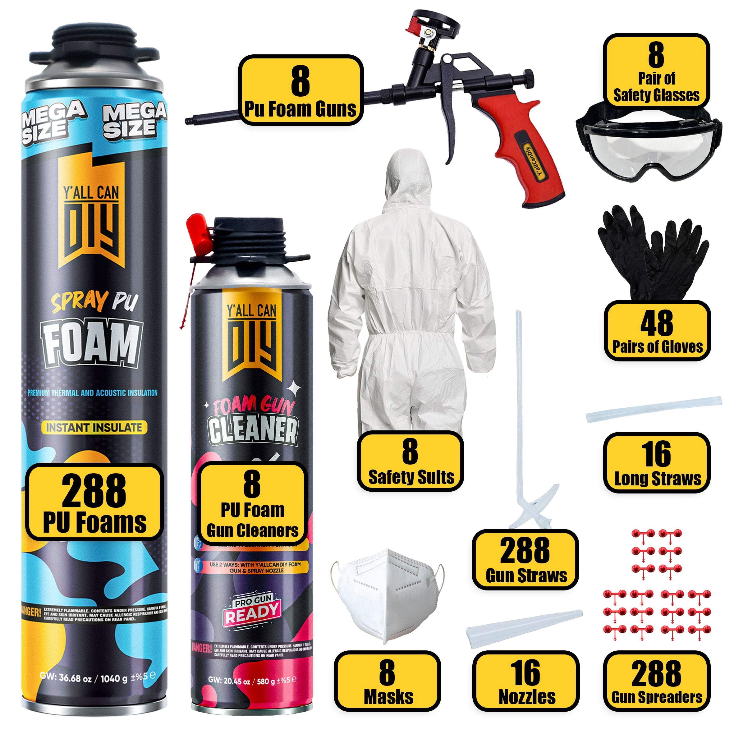 Y’allCanDIY Spray Foam Insulation Kit Bulk Bundle - 288 Cans (36.6 oz Each) with Full DIY Kit