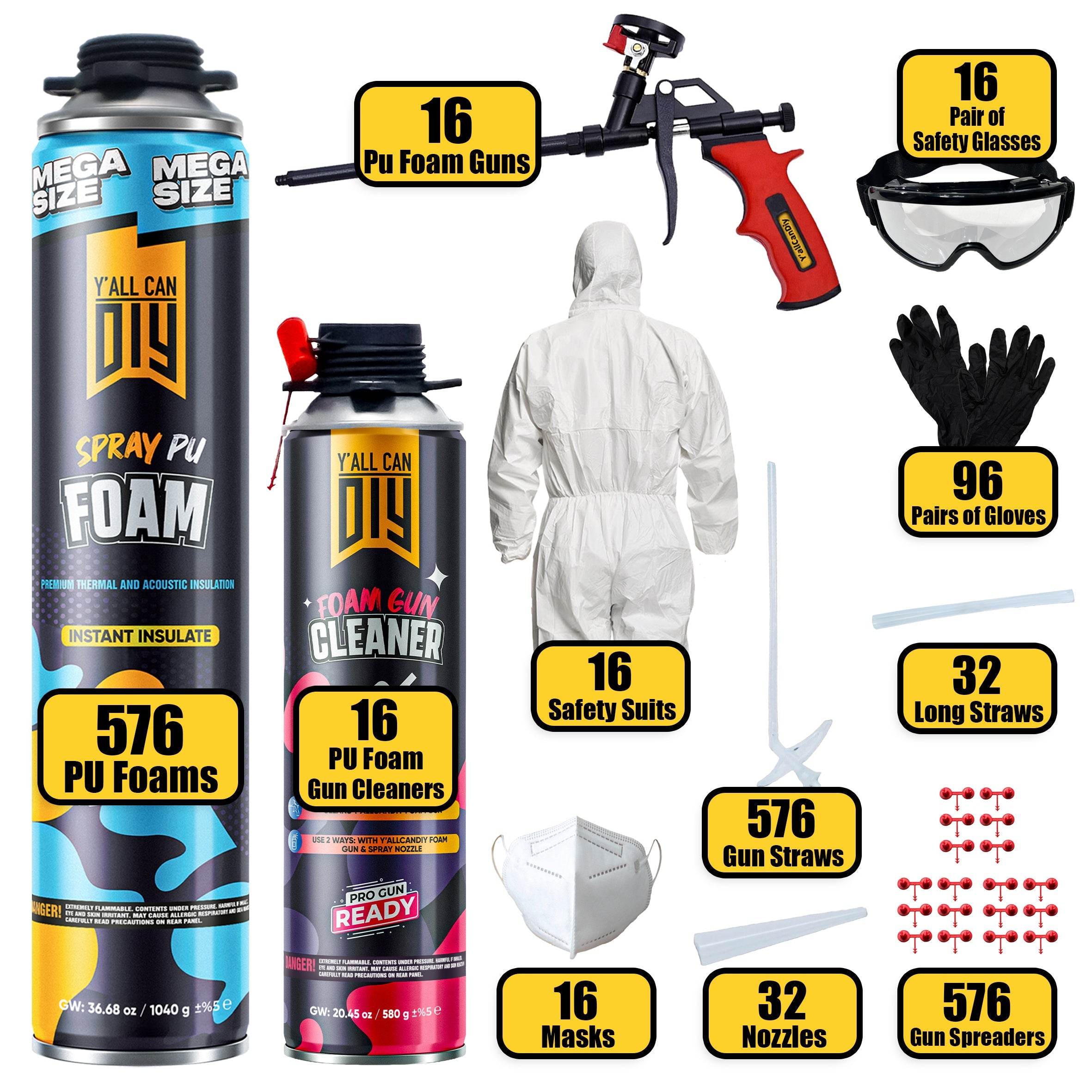 Y’allCanDIY Spray Foam Insulation Kit Bulk Bundle - 576 Cans (36.6 oz Each) with Full DIY Kit
