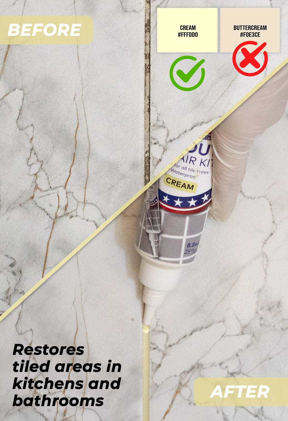 Tile Grout Repair, Cream 8.8 oz/250gr. Fast Drying Grout Repair Kit - Magicchems