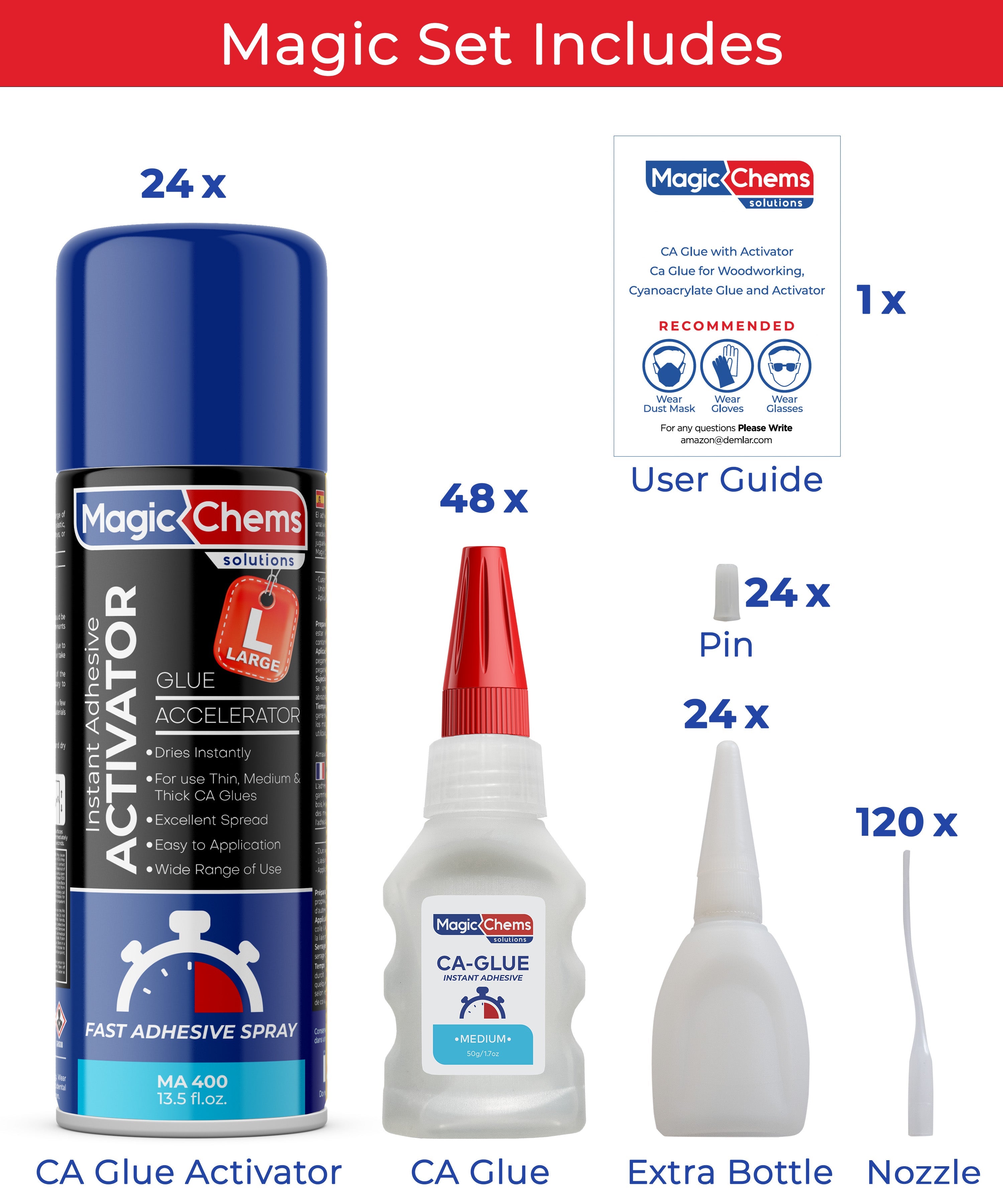 CA Glue with Activator (48 x 1.7 oz + 24 x 13.5 fl oz) - Magicchems