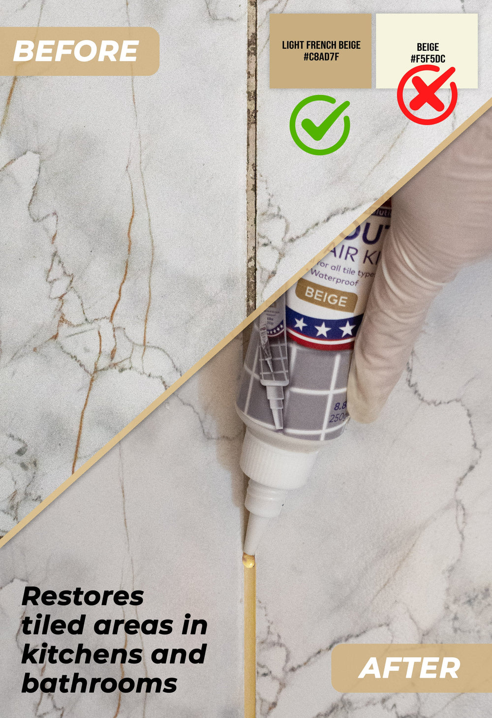 Tile Grout Repair Kit, Beige 8.8 oz/250gr. Fast Drying Grout Filler Tube Repair - Magicchems