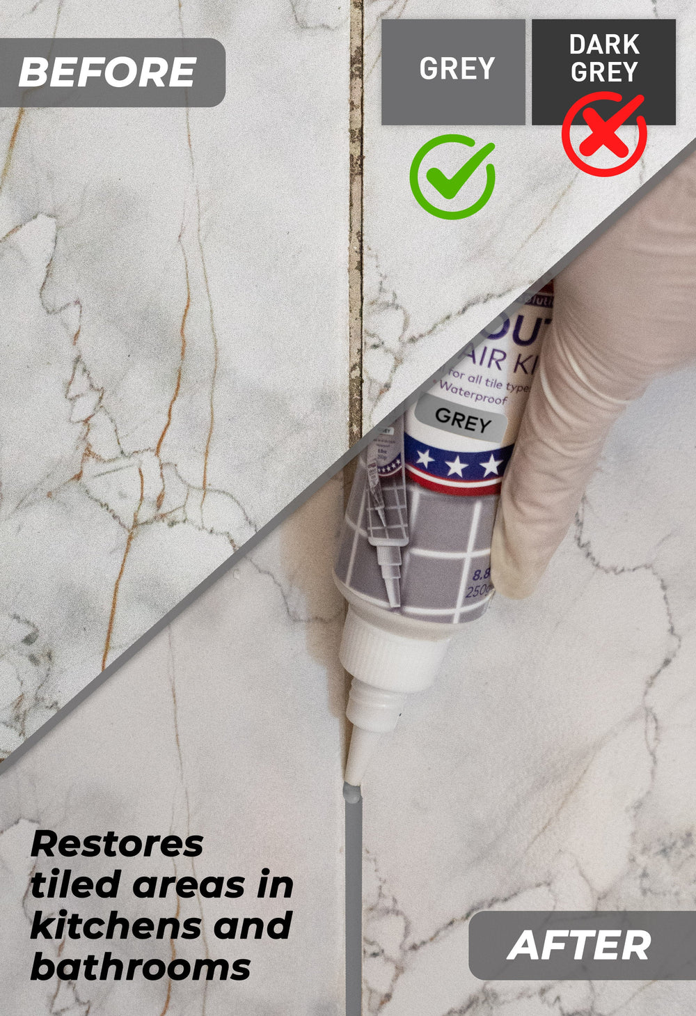 Tile Grout Repair, Grey 8.8 oz/250gr. Fast Drying Grout Repair Kit - Magicchems