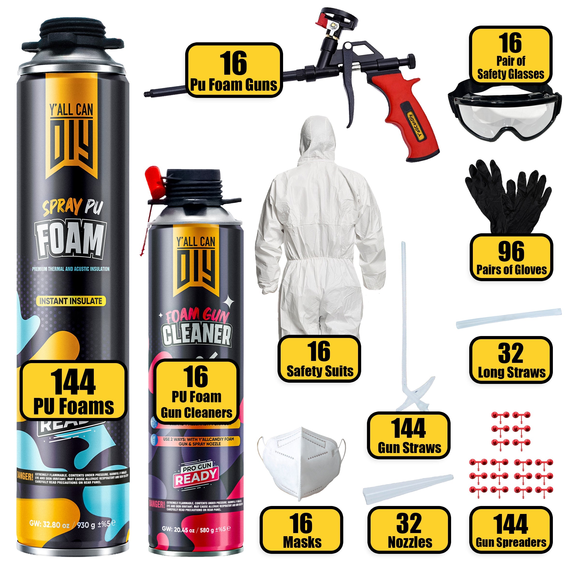 Y’allCanDIY Spray Foam Insulation Kit Bulk Bundle - 144 Cans (32.8 oz Each) with Full DIY Kit