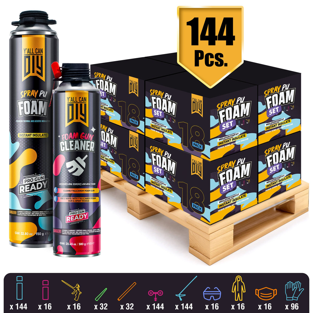 Y’allCanDIY Spray Foam Insulation Kit Bulk Bundle - 144 Cans (32.8 oz Each) with Full DIY Kit