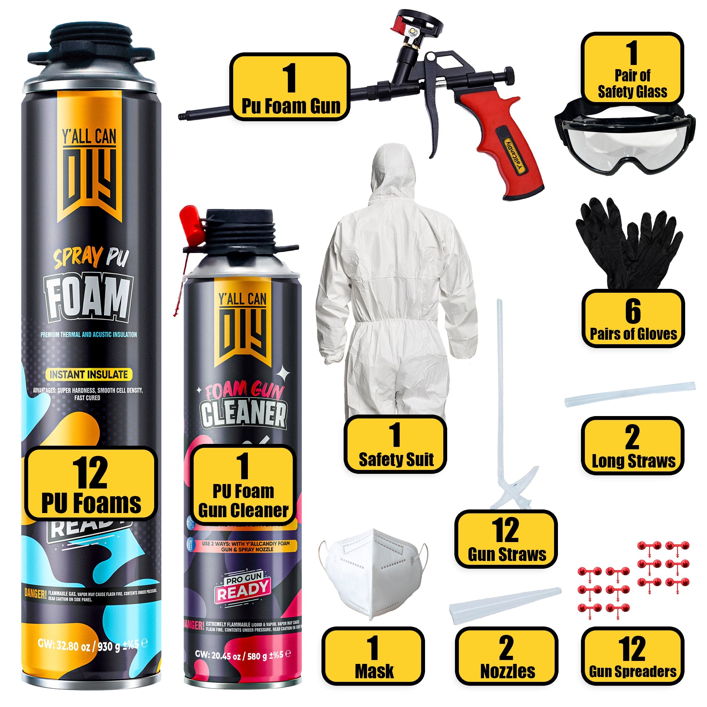 Y’allCanDIY Spray Foam Insulation Kit - 12 pack (32.8 oz Each) with Full DIY Kit
