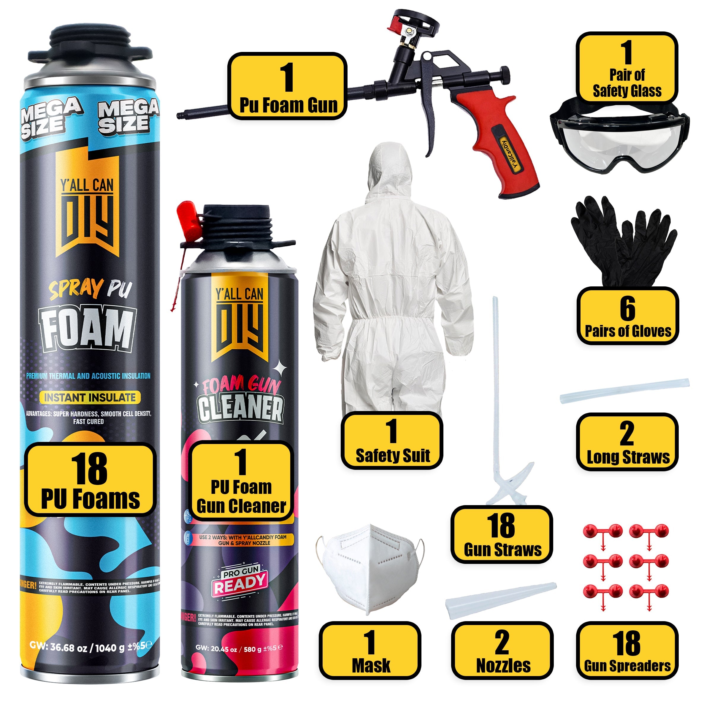 Y’allCanDIY Spray Foam Insulation Kit - 18 pack (36.6 oz Each) with Full DIY Kit